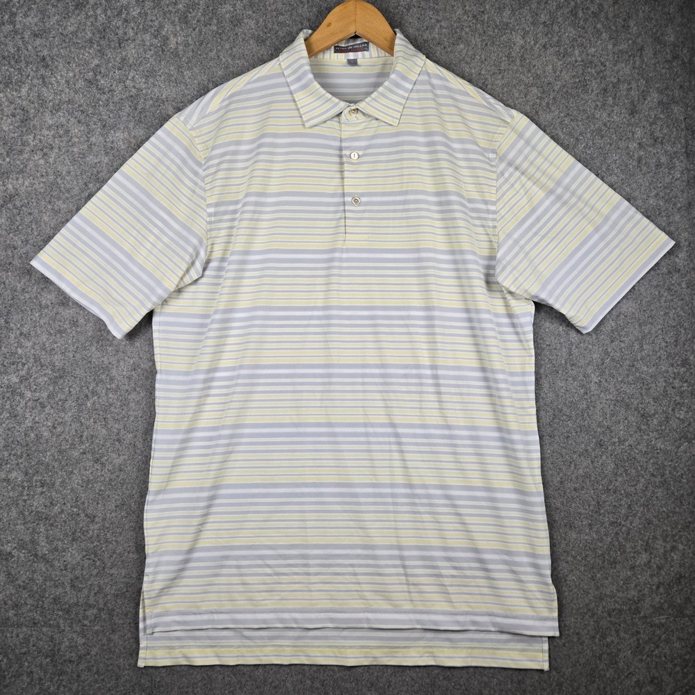 Peter Millar Summer Comfort Polo Shirt‎ Mens Large Gray Yellow Striped Golf Tee